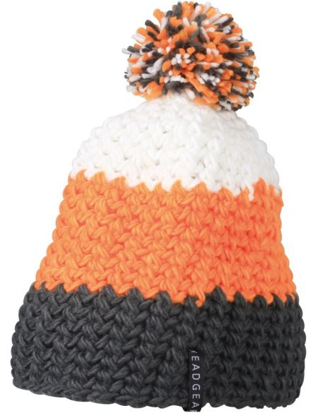 Myrtle Beach Bommel-Häkelmütze MB7940 Carbon/Orange/Weiß