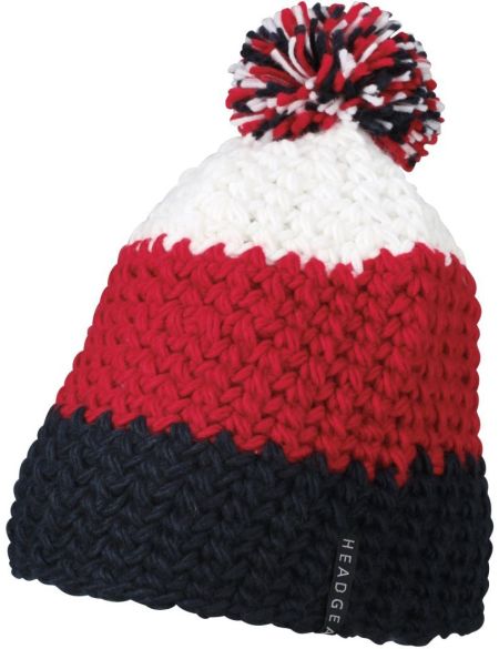 Myrtle Beach Bommel-Häkelmütze MB7940 Marineblau/Rot/Weiß