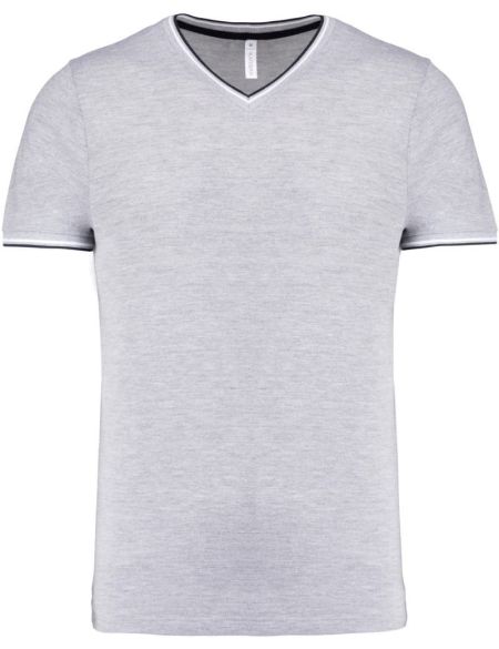 Herren-T-Shirt aus Piqué mit V-Ausschnitt Kariban K374 Oxford-Grau/Marineblau/Weiß