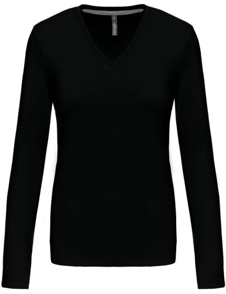 Damen T-Shirt mit langen Ärmeln und V-Ausschnitt Kariban K382 schwarz