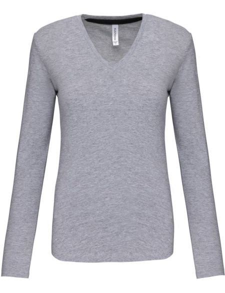 Damen-T-Shirt mit langen Ärmeln und V-Ausschnitt Kariban K382 Oxford-Grau
