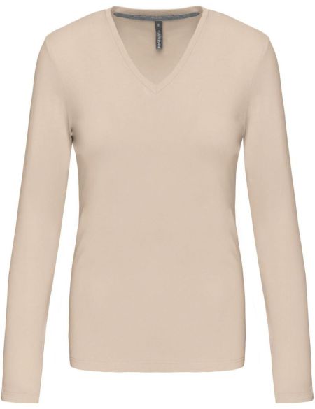 Damen-T-Shirt mit langen Ärmeln und V-Ausschnitt Kariban K382 hellsand