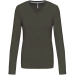 Damen-T-Shirt mit langen Ärmeln und V-Ausschnitt Kariban K382, dunkles Khaki