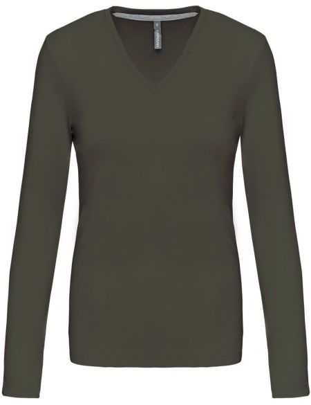 Damen-T-Shirt mit langen Ärmeln und V-Ausschnitt Kariban K382 weiß