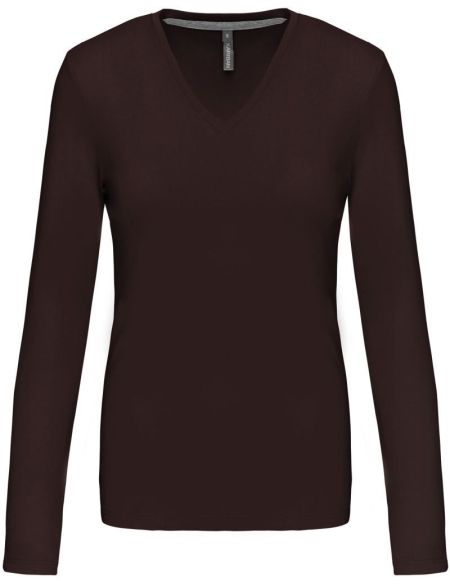 Damen-T-Shirt mit langen Ärmeln und V-Ausschnitt Kariban K382 Schokolade