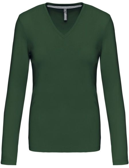 Damen-T-Shirt mit langen Ärmeln und V-Ausschnitt Kariban K382 waldgrün
