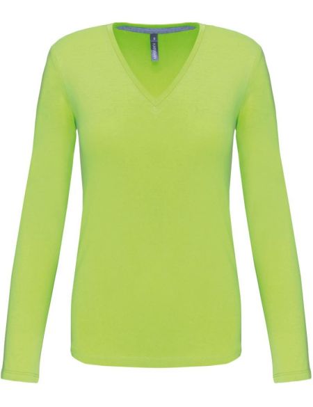 Damen-T-Shirt mit langen Ärmeln und V-Ausschnitt Kariban K382 Limette