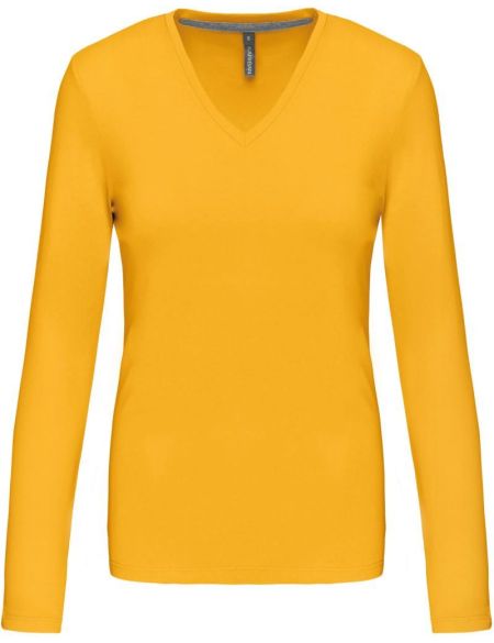 Damen-T-Shirt mit langen Ärmeln und V-Ausschnitt Kariban K382 gelb