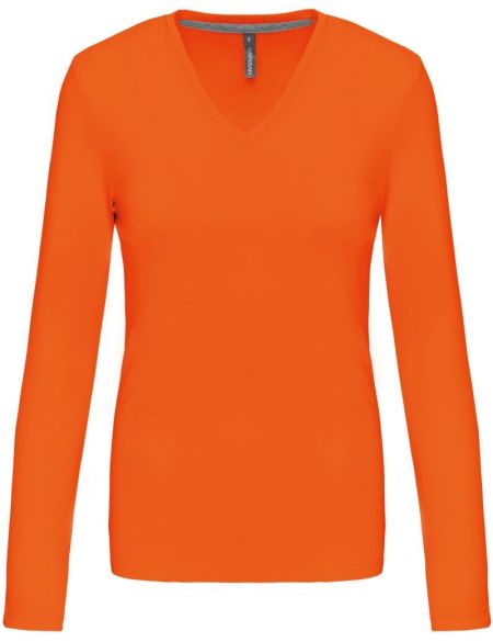 Damen-T-Shirt mit langen Ärmeln und V-Ausschnitt Kariban K382 orange