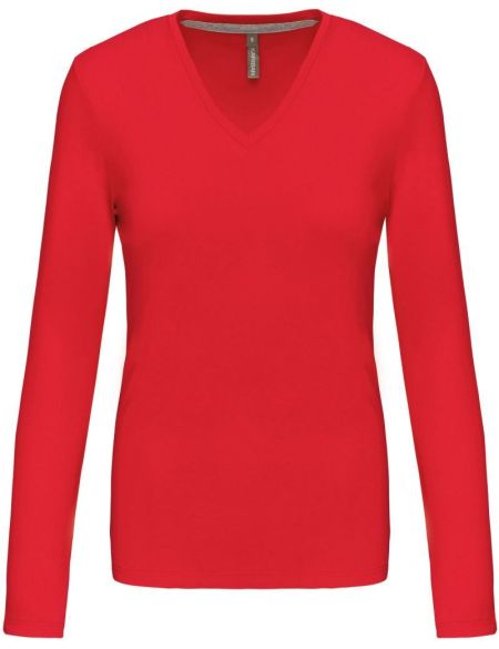 Damen-T-Shirt mit langen Ärmeln und V-Ausschnitt Kariban K382 rot
