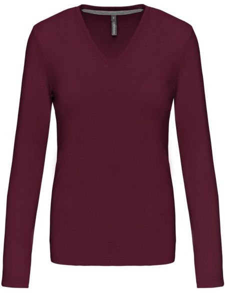 Damen-T-Shirt mit langen Ärmeln und V-Ausschnitt Kariban K382 Wein