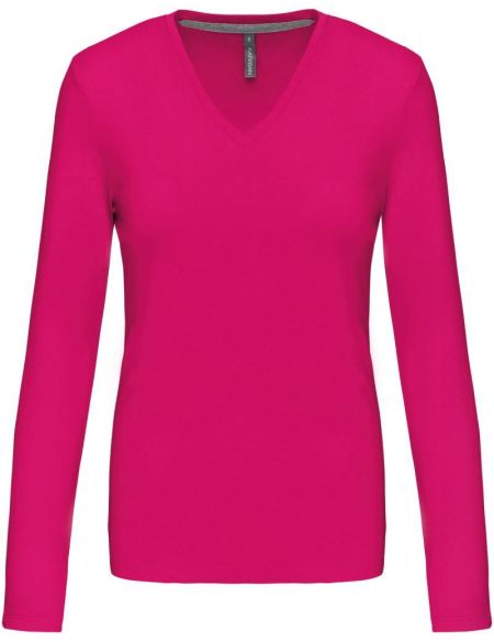 Damen-T-Shirt mit langen Ärmeln und V-Ausschnitt Kariban K382 fuchsia