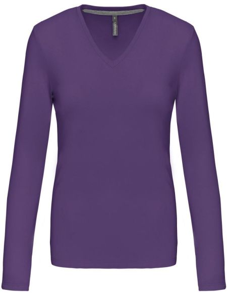 Damen-T-Shirt mit langen Ärmeln und V-Ausschnitt Kariban K382 lila