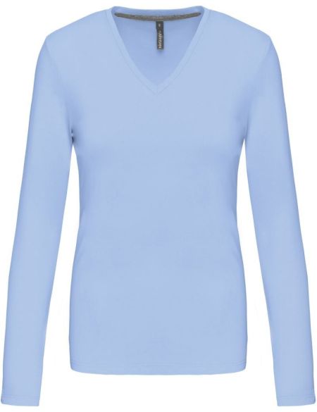 Damen-T-Shirt mit langen Ärmeln und V-Ausschnitt Kariban K382 himmelblau