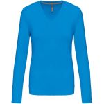 Damen-T-Shirt mit langen Ärmeln und V-Ausschnitt Kariban K382, helles Königsblau