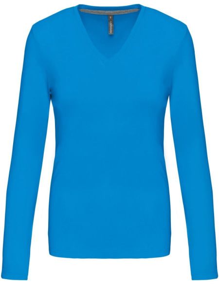 Damen-T-Shirt mit langen Ärmeln und V-Ausschnitt Kariban K382, helles Königsblau