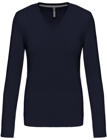 Damen-T-Shirt mit langen Ärmeln und V-Ausschnitt Kariban K382 Marineblau
