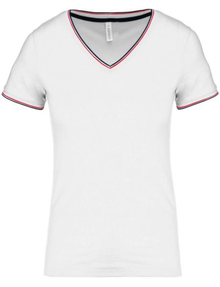 Damen-Piqué-T-Shirt mit V-Ausschnitt Kariban K394 Weiß/Marine/Rot