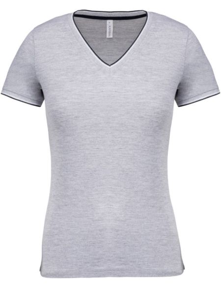 Damen-T-Shirt aus Piqué mit V-Ausschnitt Kariban K394 Oxford-Grau/Marineblau/Weiß