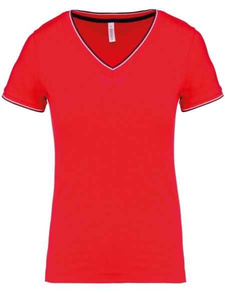 Damen-Piqué-T-Shirt mit V-Ausschnitt Kariban K394 Rot/Marineblau/Weiß