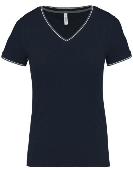 Damen-Piqué-T-Shirt mit V-Ausschnitt Kariban K394 Weiß/Marine/Rot