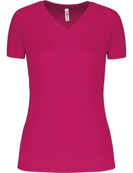 Kariban ProAct PA477 fuchsiafarbenes Damen-Sport-T-Shirt mit V-Ausschnitt