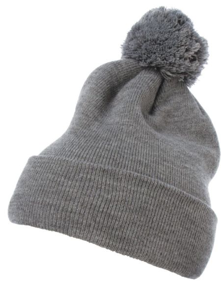 Gestrickte Mütze mit Bommel Flexfit 1501P grau meliert