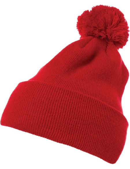 Mütze gestrickt mit Pompon Flexfit 1501P rot