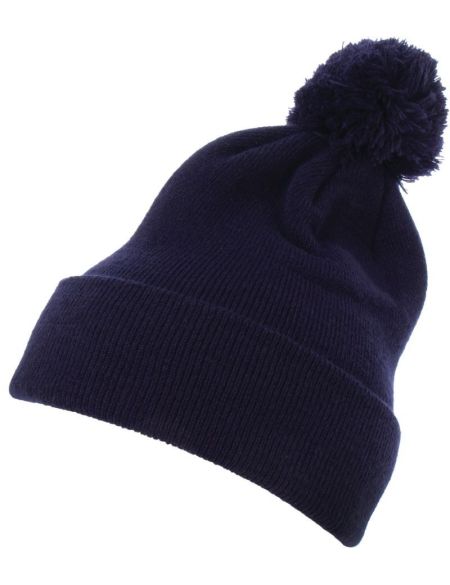 Mütze gestrickt mit Pompon Flexfit 1501P schwarz