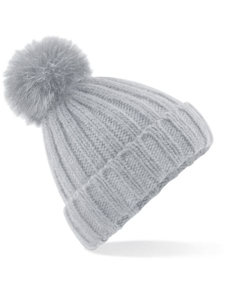 Gestrickte Mütze mit Bommel Beechfield B413 hellgrau