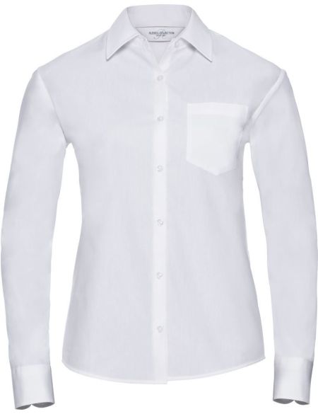 Damen-Popeline-Hemd, pflegeleicht, langärmlig, Russell Athletic 936F, weiß